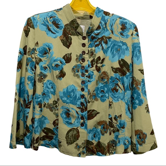 Linen Blend unique Jacket light weight Non-Lined  Buttons Floral blue - Picture 1 of 6